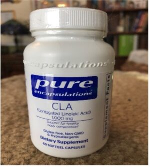 softgel pill bottle with label: pure encapsulations, CLA (Conjugated Linoleic Acid), 1,000 mg